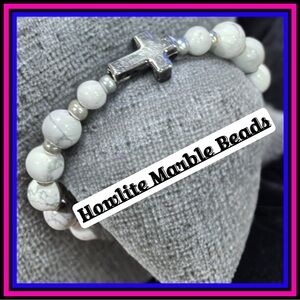 Howlite elastic beaded bracelet w/ Cross charm  ( New handmade )
